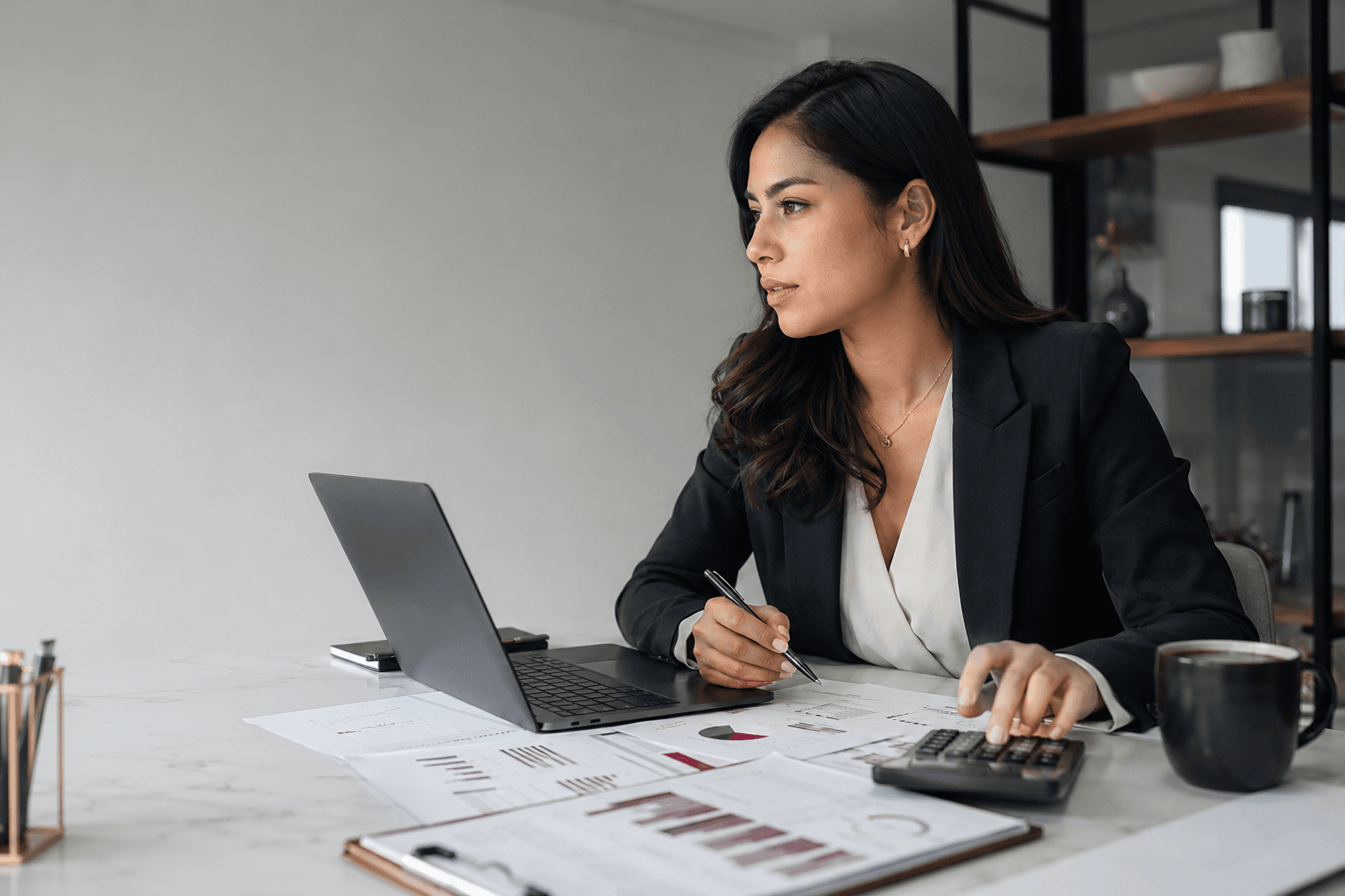 Profesional de contaduría revisa gráficas financieras en una laptop junto a hojas de cálculo impresas.