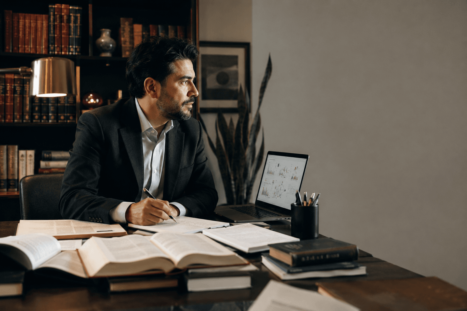 Académico escribe notas de investigación jurídica rodeado de libros abiertos y una laptop.